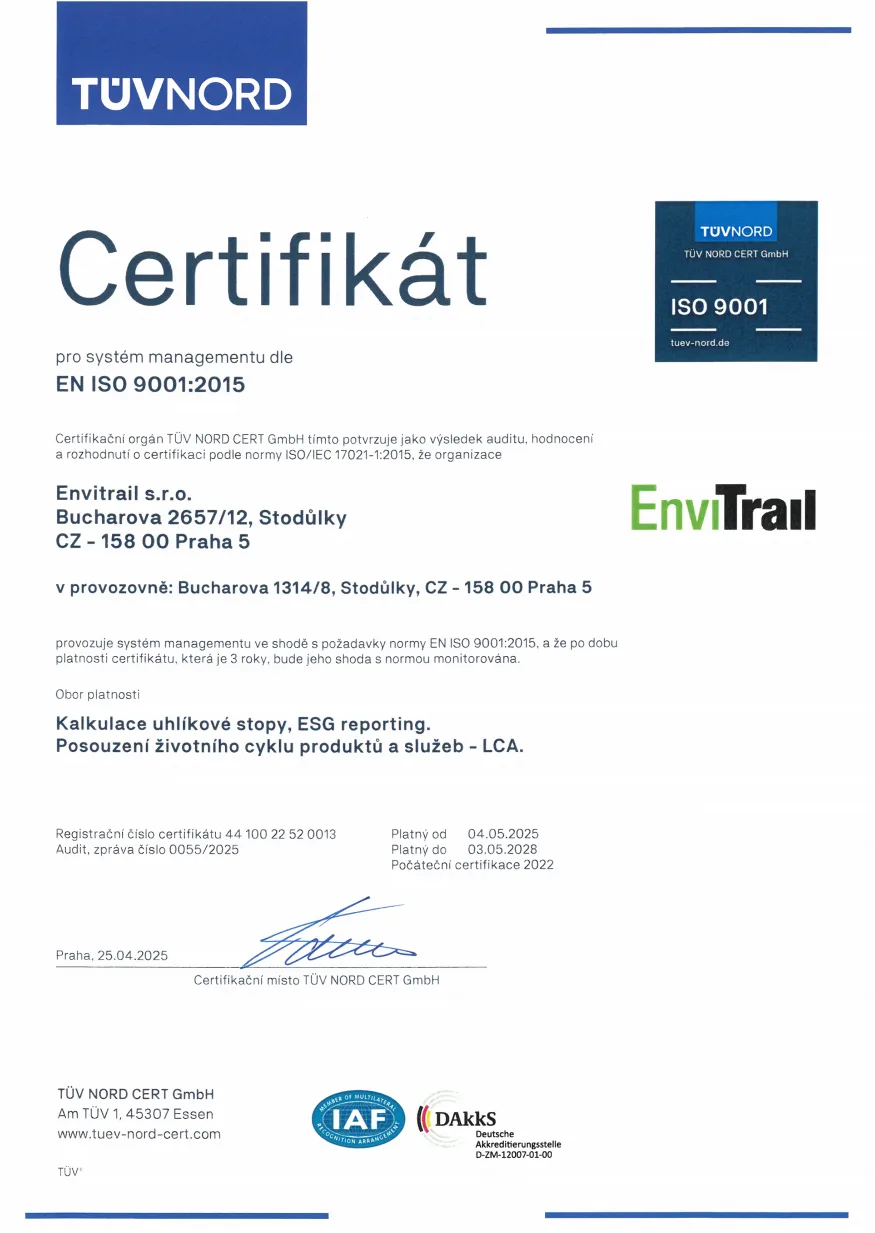 Certifikát TÜV NORD pro EnviTrail